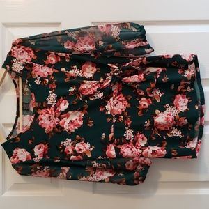 Adele & May •Green & Pink Floral 3/4 Sleeve Blouse with ties